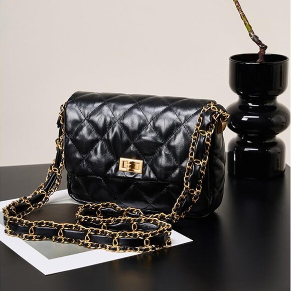 Black Quilted Crossbody Bag with Chain Strap and Buckle Closure - Women's Fashio - Picture 2 of 6